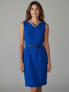 Calvin Klein Blue Sleeveless Sheath Dress with Elastic Buckle Waist Size 2